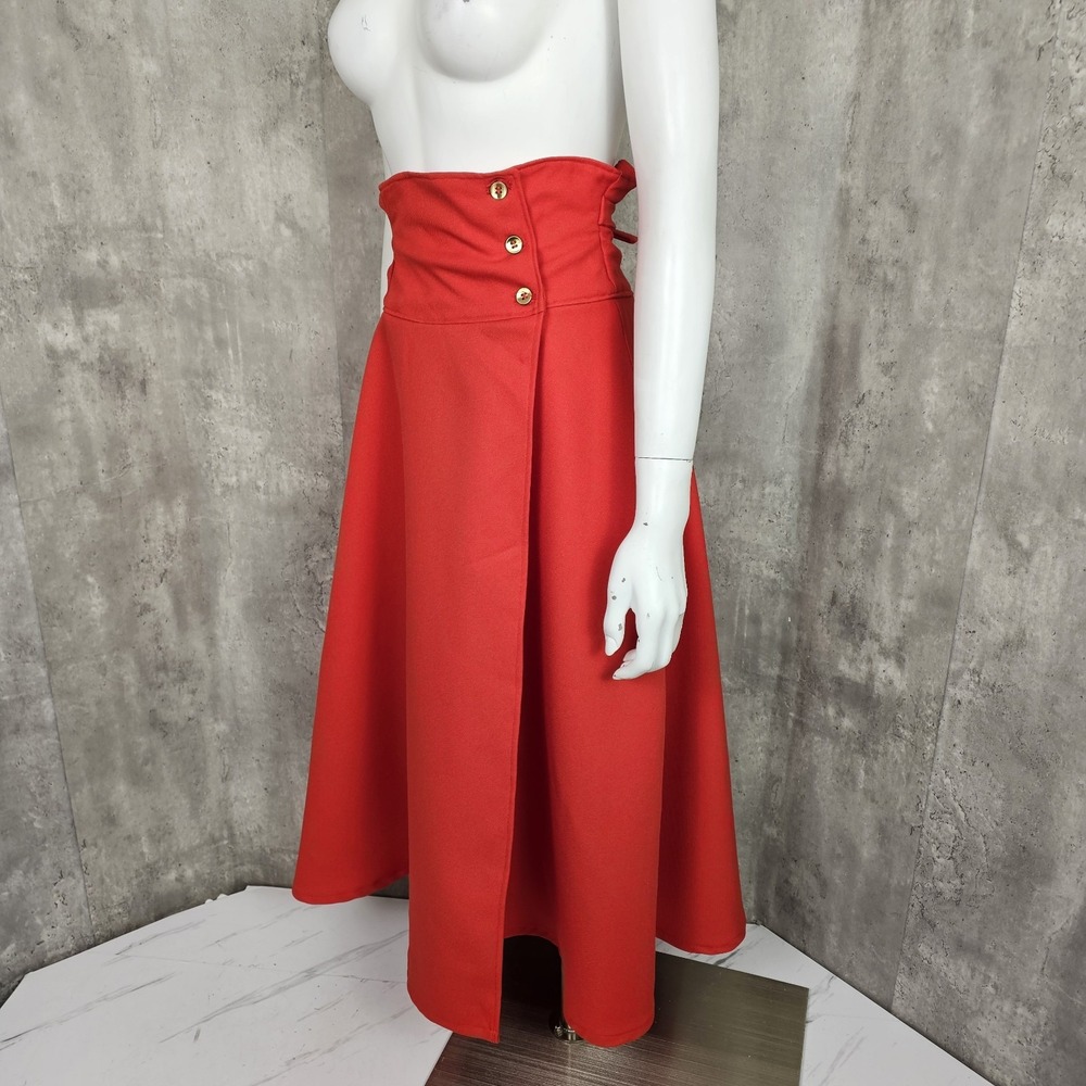 Vintage Handmade Size S Red Knit Polyester Hi Waisted Wrap Midi Skirt Tie Back - Picture 6 of 7
